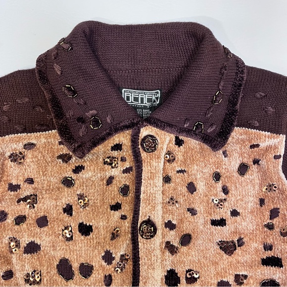 Berek Vintage Chenille Button Front Cardigan Beaded Sequins Giraffe Sweater - Picture 3 of 9